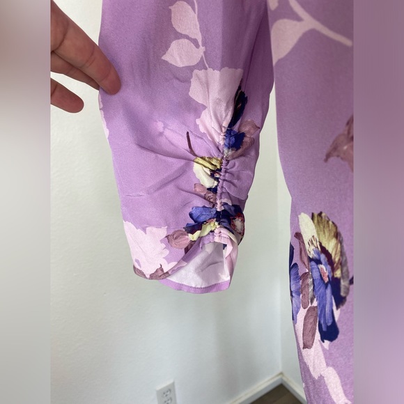 David Lawrence Silk Blouse 14 Floral Ruched Sleeve Lavender Keyhole Semi Sheer - Picture 7 of 13